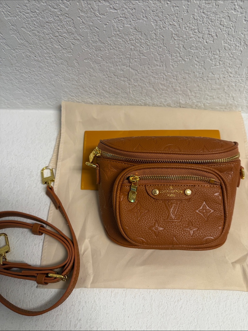 NEW Woman’s Fashion Tan Monogram Embossed Leather Crossbody Belt Bag